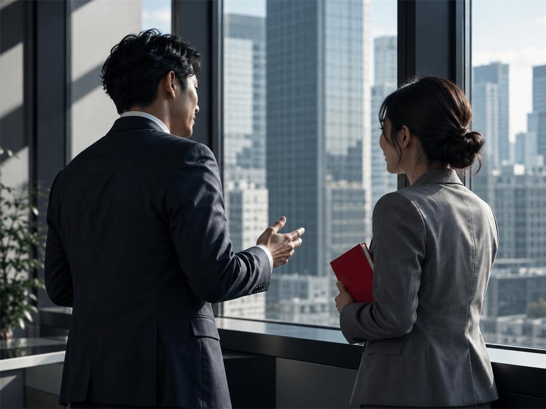 窓際で同僚と話す社員