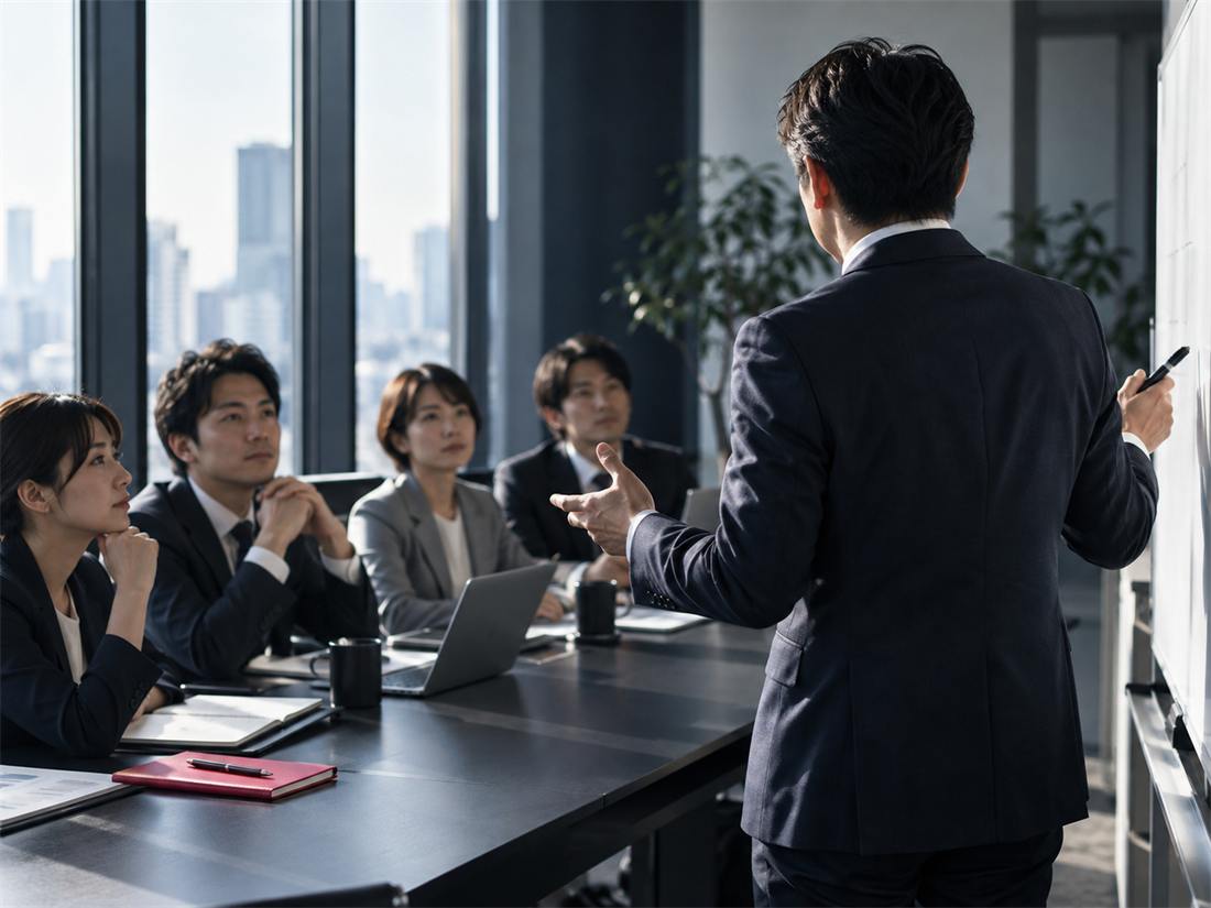 ホワイトボードの前で話す経営者