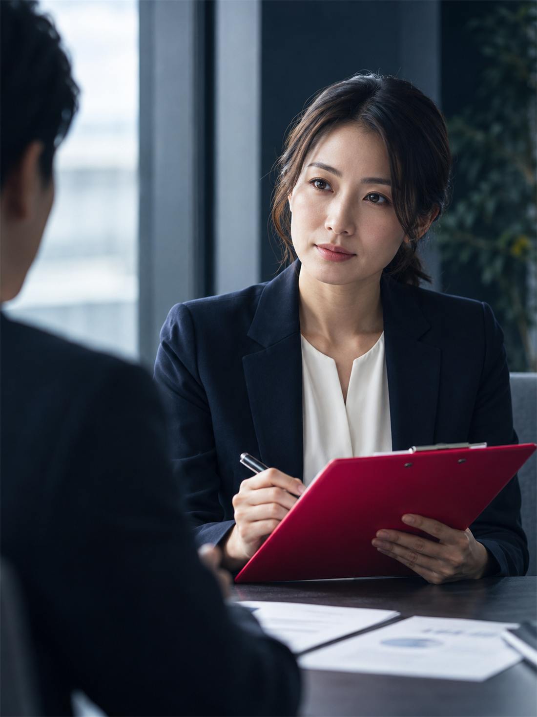 面談シートを見ながら話を聴く人事担当者