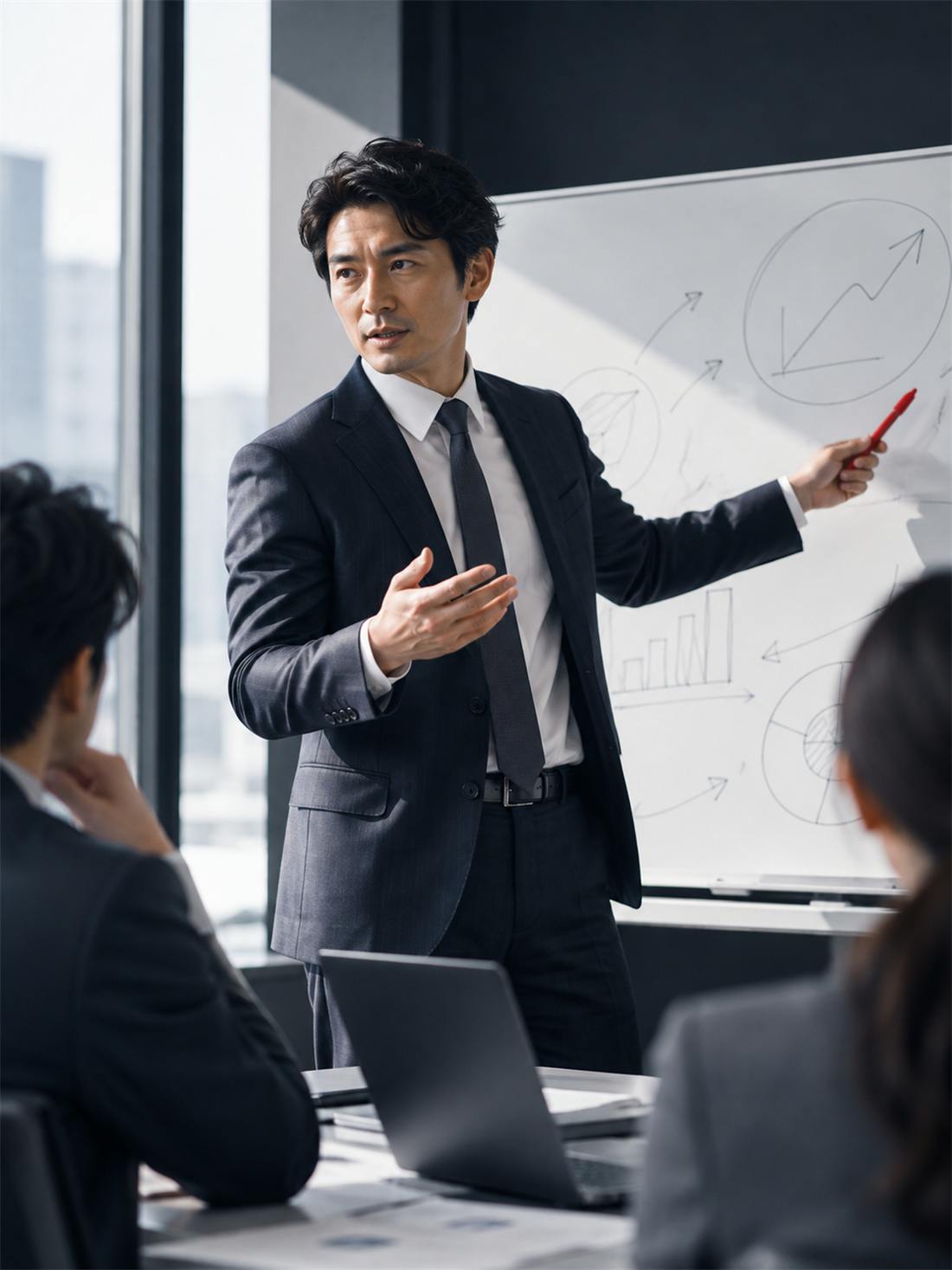 ホワイトボードの前で話すファシリテーター