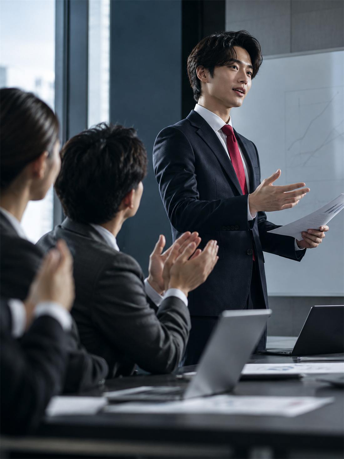 発表する若手社員