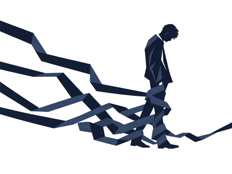 絡まった帯の前で立ち止まる人のイラスト