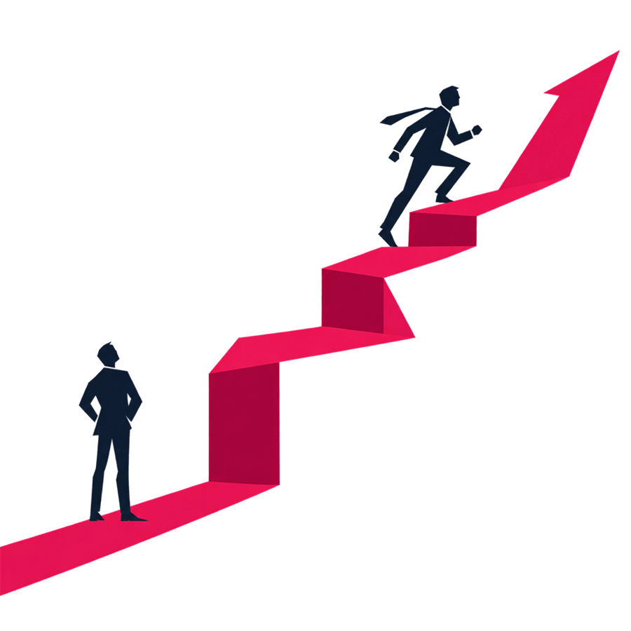 折れながら伸びる帯を駆け上がる人のイラスト